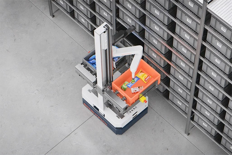 Autopicker pulls bulk item totes from the warehouse shelf to singulate individual customer items