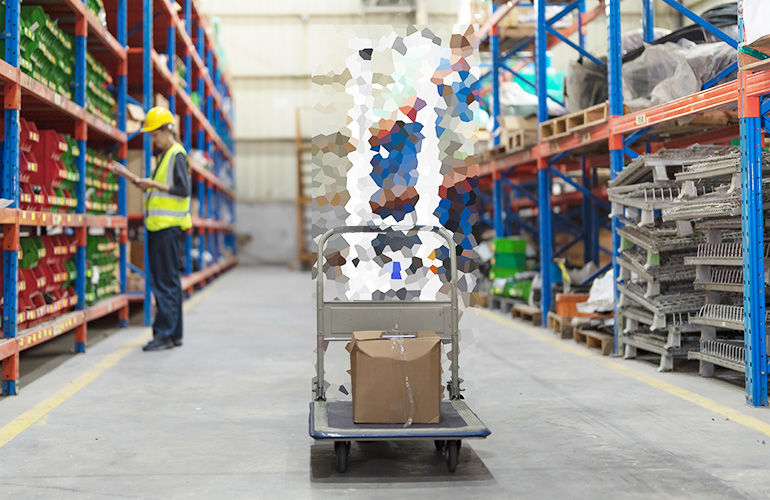 pixelated, unrecognizable image of a mobile robot pushing a cart in a warehouse.