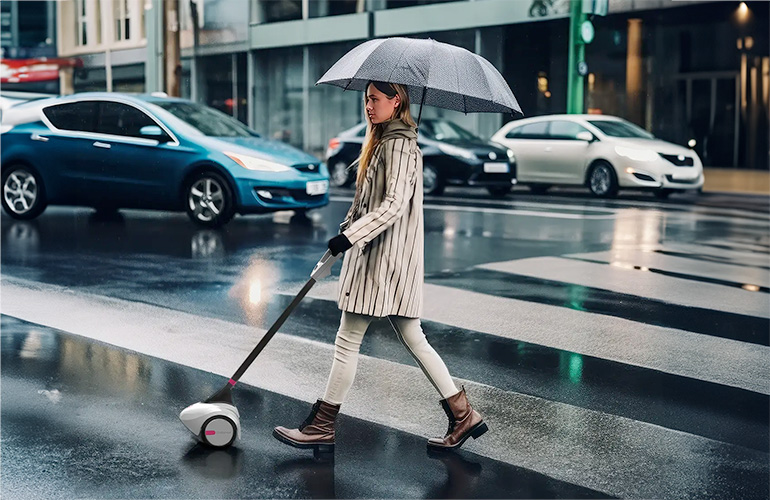 a blind woman crossing the street in a crosswalk, guided by Glidance Glide device