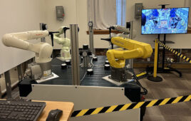 Realtime Robotics demonstrates a multi-robot workcell during Mitsubishi Electric's visit to its headquarters.