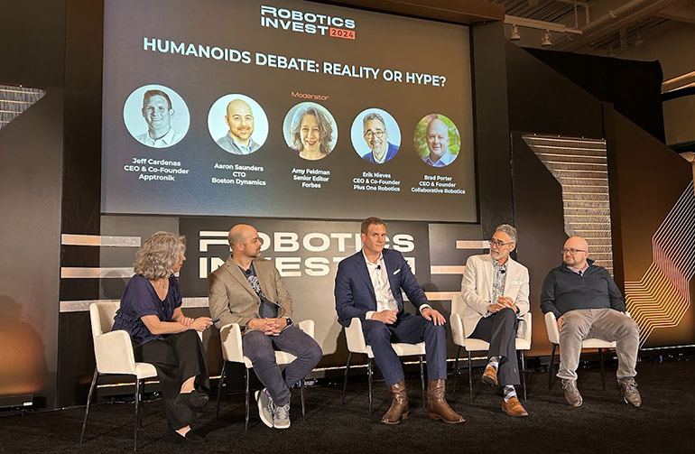 Brad Porter of Collaborative Robotics (far right) participated in a debate on whether humanoid robots are reality or hype at Robotics Invest this week in Boston.