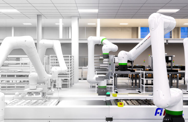 simulated image of a Foxconn factory with Fanuc cobots on the manufacturing line.