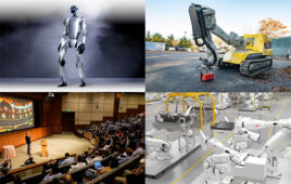 Four images of some of our top stories of the month. In the upper left, Unitree's new silver and black humanoid robot. Upper right, a yellow and grey construction robot from advanced construction robotics. Lower left, a speaker talking in front of an auditorium of people. Lower right, two white ABB robots at work in a factory.