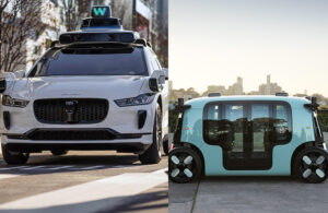 Left, Waymo autonomous robotaxi, and right, Zoox purpose built autonomous robotaxi.